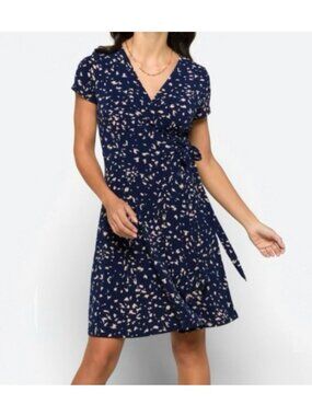 Kaileigh Navy Blue Tan Print Short Sleeve Faux-Wrap Dress Side Tie Size M Summer